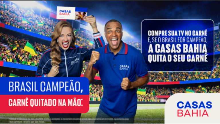 Com Denilson e Bia Reis, Casas Bahia promete quitar carnês de TVs se Brasil for campeão