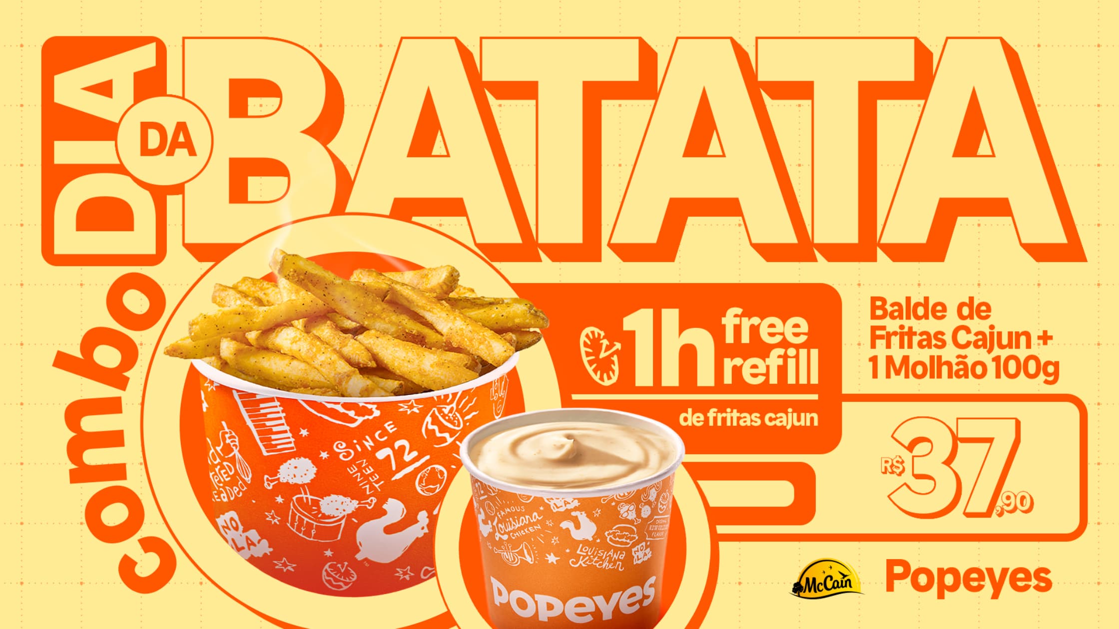 Dia da Batata Popeyes celebra a data com refill de Balde de Fritas Cajun em todo o Brasil